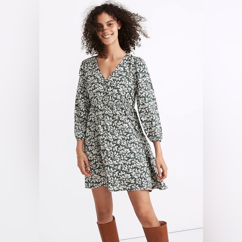 Madewell V-Neck Button-front Mini Dress in Forest Leaves